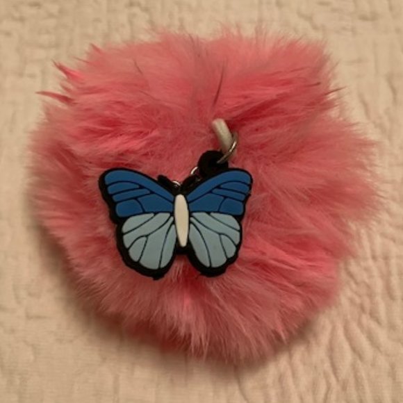 Pink Fluff Ball with Butterfly Key Chain - Picture 1 of 3